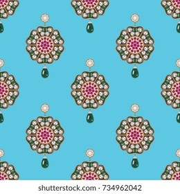 Seamless geometrical pattern with stylized antique pieces of jewelry in oriental style.