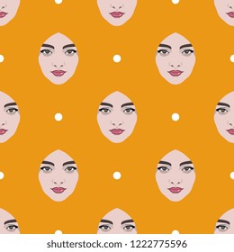 Seamless geometrical pattern with stylized beautiful female faces and polka dots. Flat cartoon style.