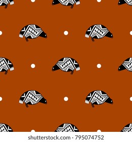 Seamless geometrical pattern with stylized birds and polka dots. Based on folk art of Native American Mogollon Indians. Mimbres pottery style.