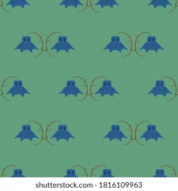 Seamless geometrical pattern with stylized branches of Aquilegia flower. Folk style.