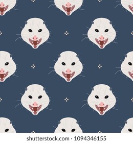 Seamless geometrical pattern with stylized faces of opossum and abstract polka dots. Flat cartoon style.