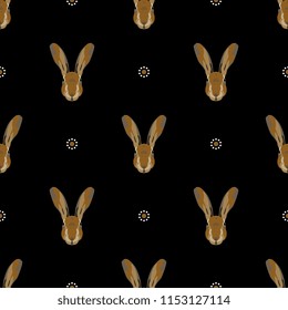 Seamless geometrical pattern with stylized faces of hare and floral polka dots. Cartoon style.