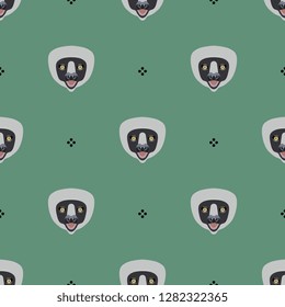 Seamless geometrical pattern with stylized faces of lemur Coquerel's sifaka (Propithecus verreauxi) and abstract polka dots. Flat cartoon style. 