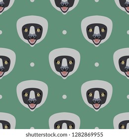 Seamless geometrical pattern with stylized faces of lemur Coquerel's sifaka (Propithecus verreauxi) and abstract polka dots. Flat cartoon style. 