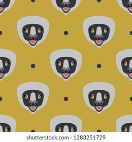Seamless geometrical pattern with stylized faces of lemur Coquerel's sifaka (Propithecus verreauxi) and abstract polka dots. Flat cartoon style. 
