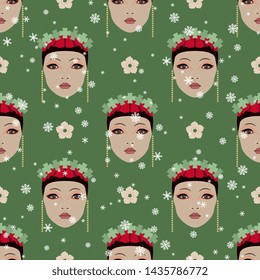 Seamless geometrical pattern with stylized faces of pretty Asian girl and floral polka dots under snowflakes.