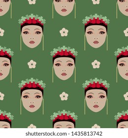 Seamless geometrical pattern with stylized faces of pretty Asian girl and floral polka dots.
