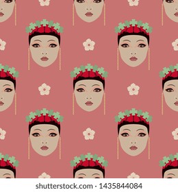 Seamless geometrical pattern with stylized faces of pretty Asian girl and floral polka dots.