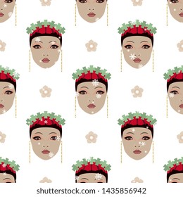 Seamless geometrical pattern with stylized faces of pretty Asian girl and floral polka dots under snowflakes.