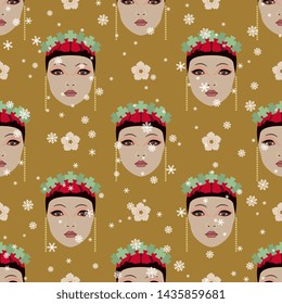 Seamless geometrical pattern with stylized faces of pretty Asian girl and floral polka dots under snowflakes.