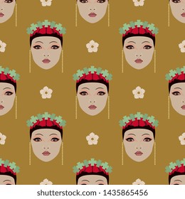 Seamless geometrical pattern with stylized faces of pretty Asian girl and floral polka dots.