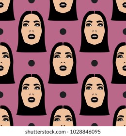 Seamless geometrical pattern with stylized female faces. Modern flat style.
