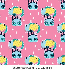 Seamless geometrical pattern with stylized female heads of Mother Nature and rain drops. Cartoon style.
