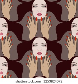 Seamless geometrical pattern with stylized female faces and beautiful hands with long red nails. Flat cartoon style.