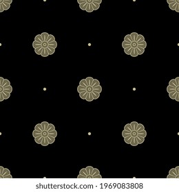 Seamless geometrical pattern with stylized flowers and abstract dots. Simple floral polka dot design. Monochrome yellow gold silhouettes on black background.