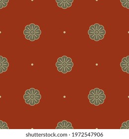 Seamless geometrical pattern with stylized flowers and abstract dots. Simple floral polka dot design. Monochrome yellow gold silhouettes on red background.