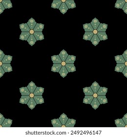 Seamless geometrical pattern with stylized flowers or six point stars. Floral polka dot print. Medieval European illuminated manuscript style. Green blossom on black background.