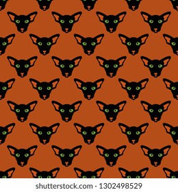 Seamless geometrical pattern with stylized funny faces of cat. Halloween style.