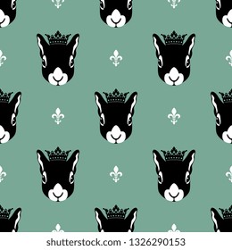 Seamless geometrical pattern with stylized funny faces of a crowned squirrel and royal fleur-de-lis symbols.