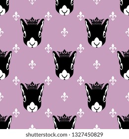 Seamless geometrical pattern with stylized funny faces of a crowned squirrel and royal fleur-de-lis symbols.