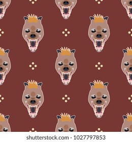 Seamless geometrical pattern with stylized heads of hyena and abstract polka dots. Cartoon style.