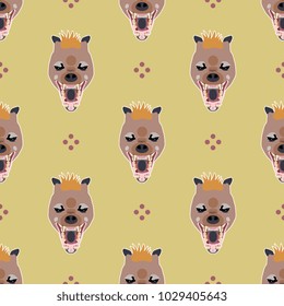 Seamless geometrical pattern with stylized heads of hyena and abstract polka dots. Cartoon style.