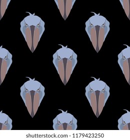 Seamless geometrical pattern with stylized heads of African bird Shoebill or Whalehead. (Balaeniceps rex). Flat cartoon style.