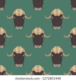 Seamless geometrical pattern with stylized heads of muskox. Flat cartoon style.