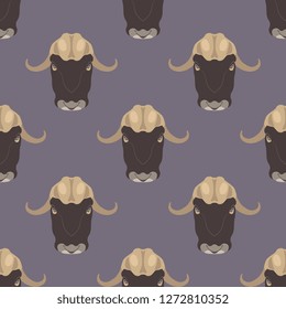 Seamless geometrical pattern with stylized heads of muskox. Flat cartoon style.