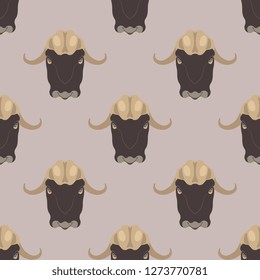 Seamless geometrical pattern with stylized heads of muskox. Flat cartoon style.