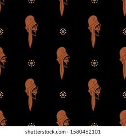 Seamless geometrical pattern with stylized heads on ancient Greek warrior and abstract floral dots.
