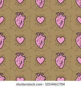 Seamless geometrical pattern with stylized human hearts in a cobweb. Metaphor for captivity of love.