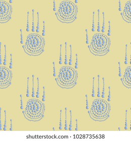Seamless geometrical pattern with stylized human hands made of drops of water or precious moonstone cabochon gems.