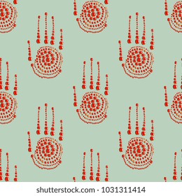Seamless geometrical pattern with stylized human palms made of carneol cabochon gems or drops of red liquid.