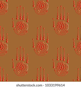 Seamless geometrical pattern with stylized human palms made of carneol cabochon gems or drops of red liquid.