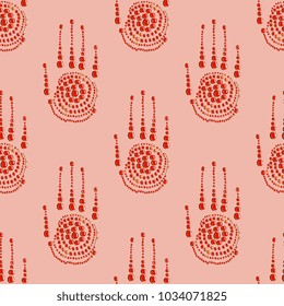 Seamless geometrical pattern with stylized human palms made of carneol cabochon gems or drops of red liquid.