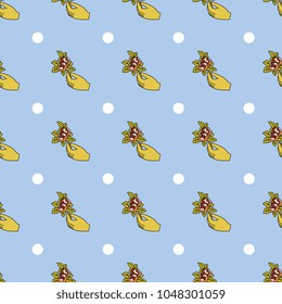 Seamless geometrical pattern with stylized human hands holding a rose and polka dots. Vintage style.