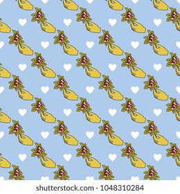 Seamless geometrical pattern with stylized human hand holding a rose and heart symbols. Romantic vintage style.