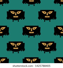 Seamless geometrical pattern with stylized human faces. Native American tribal motif from ancient Peru.