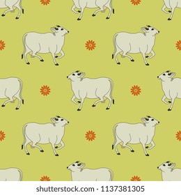 Seamless geometrical pattern with stylized Indian cows and floral polka dots. Based on traditional Hindu motif.