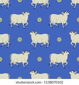 Seamless geometrical pattern with stylized Indian cows and floral polka dots. Based on traditional Hindu motif.