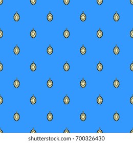 Seamless geometrical pattern with stylized jewelry pendants. Black and yellow abstract images on bright blue background.