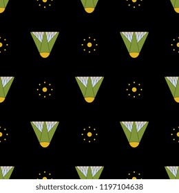 Seamless geometrical pattern with stylized lotus buds and abstract polka dots. Ancient Egyptian motif.