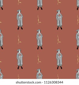 Seamless geometrical pattern with stylized medieval men and abstract floral scrolls. Gothic style.