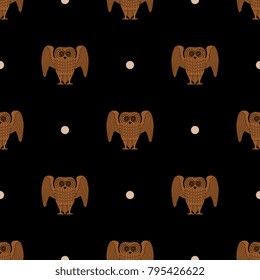 Seamless geometrical pattern with stylized old Greek owls and polka dots.