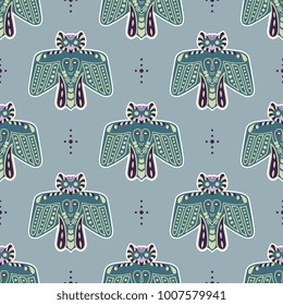 Seamless geometrical pattern with stylized owls and dotted crosses. Based on Siberian Permian animal style art.