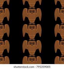 Seamless geometrical pattern with stylized owls. Old Greek style.