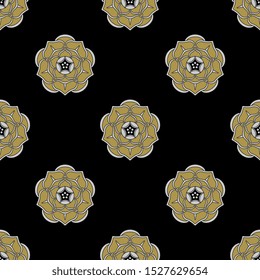 Seamless geometrical pattern with stylized roses. Floral polka dot. Elegant vintage style. Gold and silver on black.