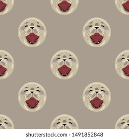 Seamless geometrical pattern with stylized round faces of baby seal. Funny animal polka dot.