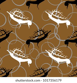 Seamless geometrical pattern with stylized silhouettes of ancient elk and abstract ellipses. Based on Siberian rock carving image. Altai petroglyph from Taldura river.